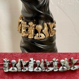 VINTAGE 70s MCM GOLF Motif Gold Metal CHARM BRACELET